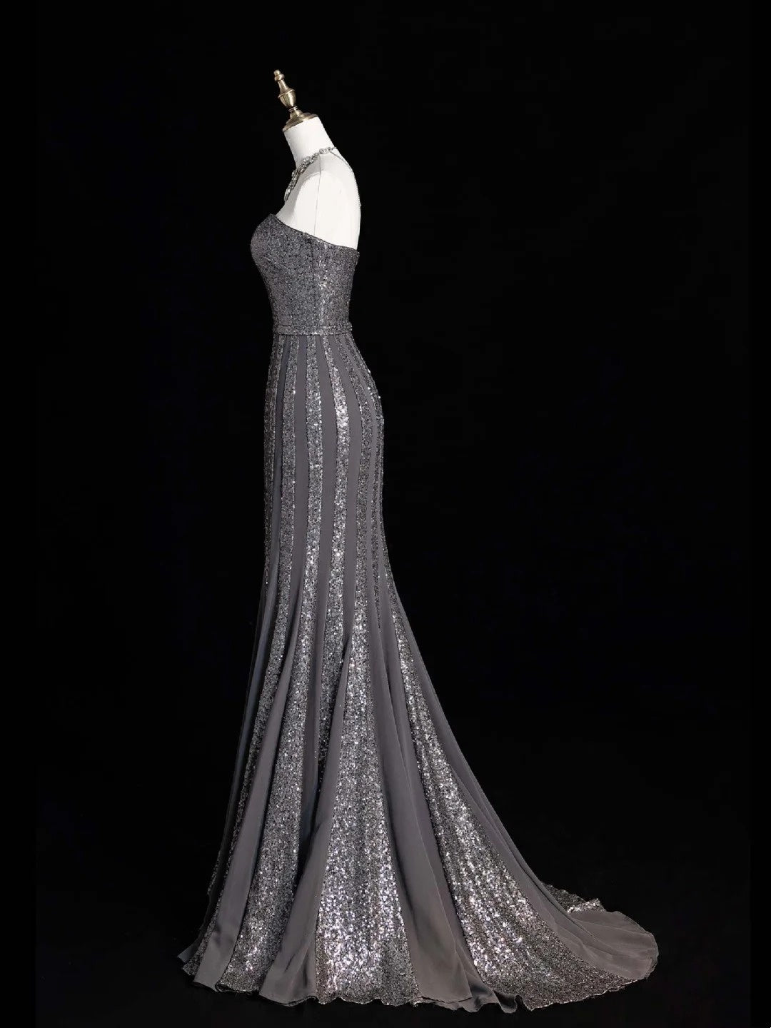 Robe de bal de fin d'année sirène sans bretelles à sequins gris argentés scintillants, robe longue de soirée pour lycéennes N1282