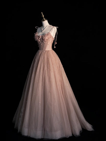 Robe de bal longue rose en tulle à fines bretelles - Inspiration robes de soirée - Robe de cérémonie N1221