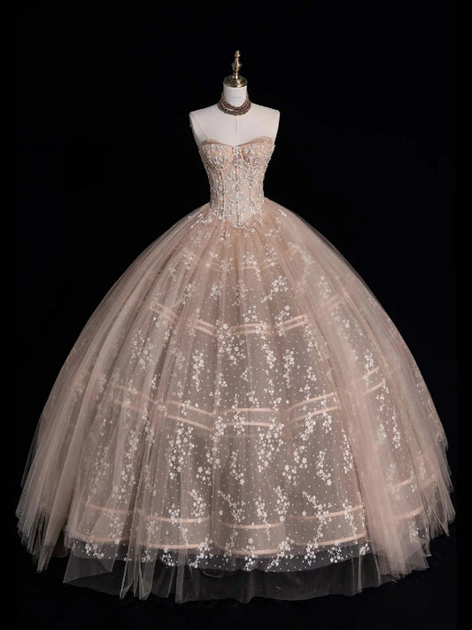 Ball Gown Strapless Champagne Sleeveless With Applique Tulle Long Quinceanera Dresses Sweet 15 16 Birthday Outfits N1076
