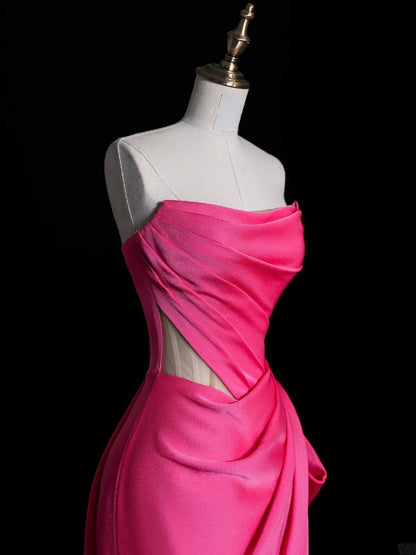 Einfaches, trägerloses, plissiertes, langes Meerjungfrauen-Abendkleid aus rosa Satin mit Satin-Details, Abendkleid N849