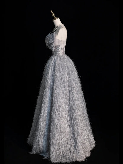 Robe de bal princesse grise à décolleté cœur avec nœud, plumes et tulle, longue robe de soirée formelle N751