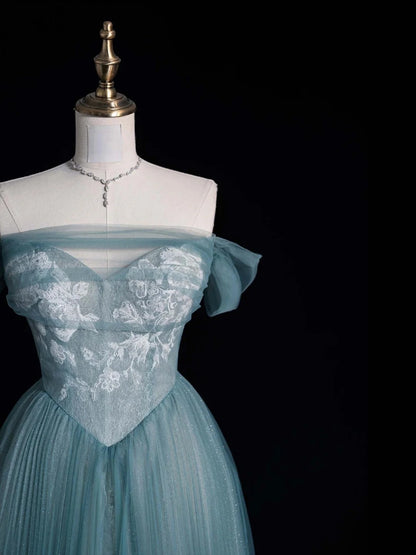 Magnifique robe de bal longue en tulle bleu à épaules dénudées, inspiration robes de soirée, robe de cérémonie N1228