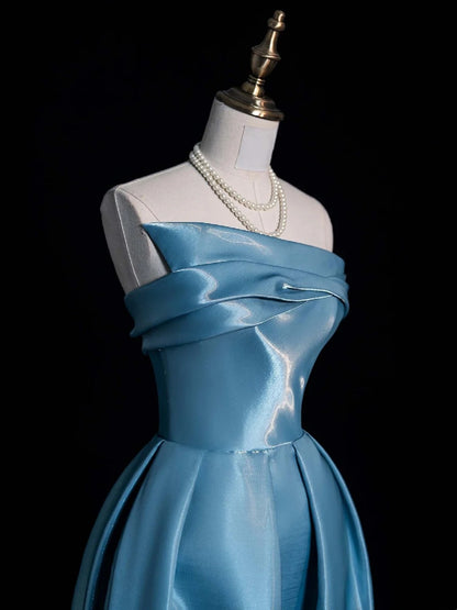 Wunderschönes, trägerloses, langes, formelles Abendkleid aus blauem Satin in A-Linie, ideal für Ball und Abiball (Modell N740)