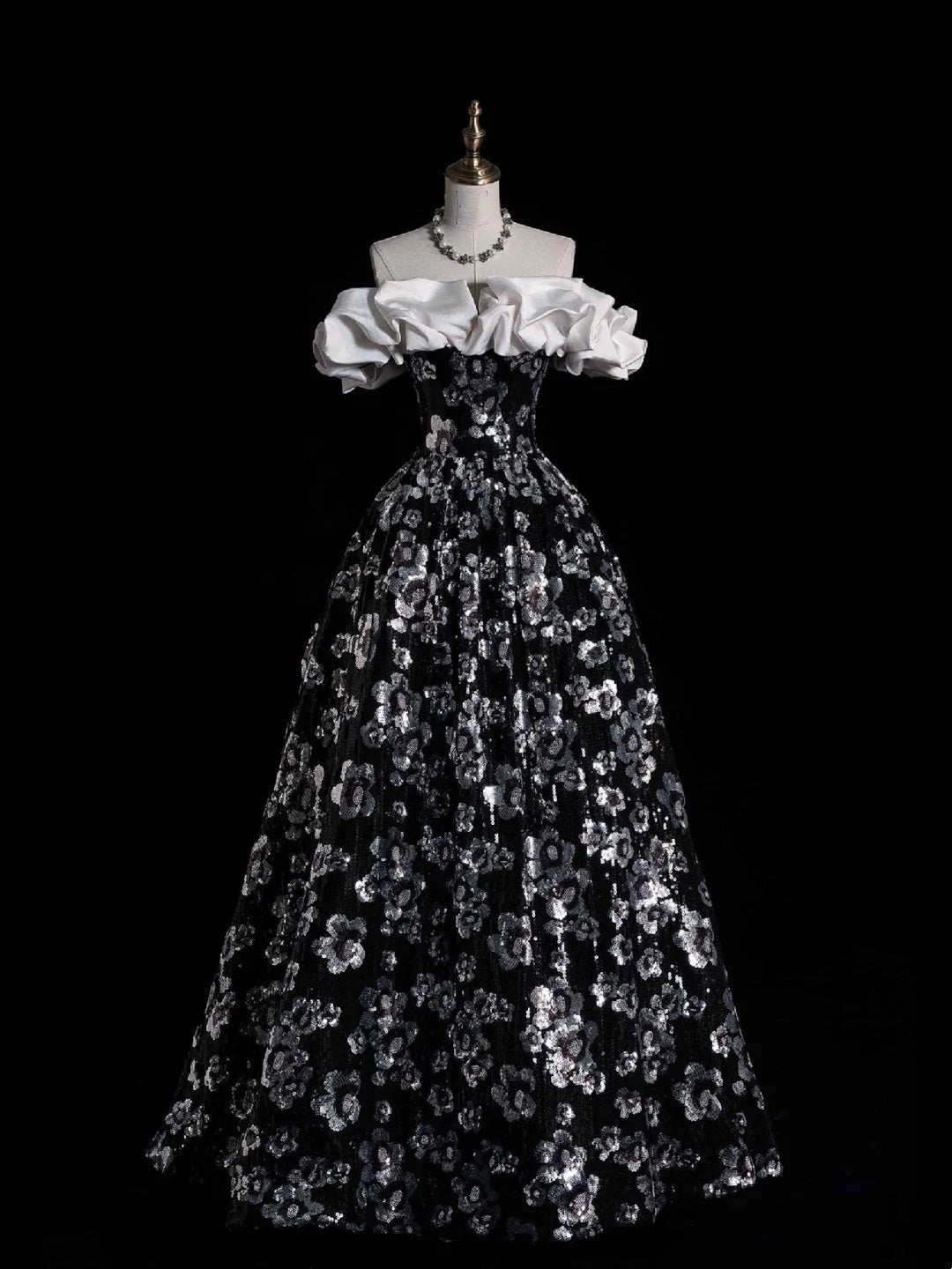 Robe de bal sobre à épaules dénudées, sequins floraux noirs, tenue de soirée pour jeunes filles (N1166), robe de bal longue pour adolescentes