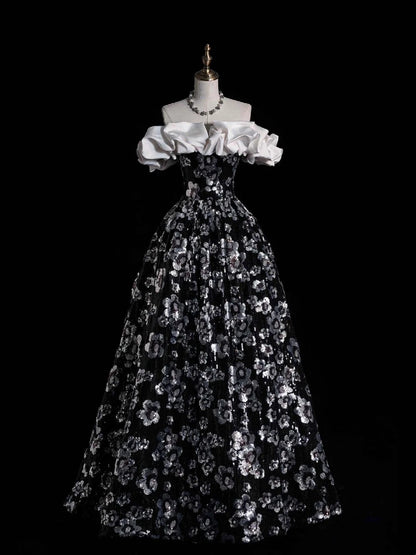 Robe de bal sobre à épaules dénudées, sequins floraux noirs, tenue de soirée pour jeunes filles (N1166), robe de bal longue pour adolescentes