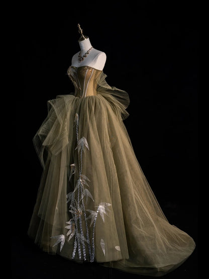 Robe de bal modeste sans bretelles en tulle vert avec appliques, tenue de soirée pour l'université, inspiration robe de bal de fin d'année N1220
