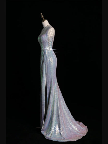 Robe de bal longue argentée à sequins et col carré, style sirène, idéale pour les adolescentes et les jeunes filles. Modèle N1074.