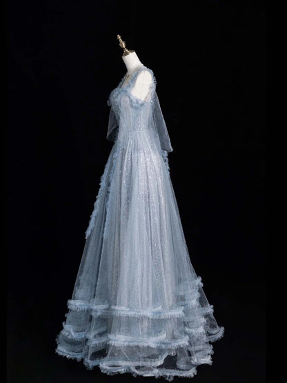 Robe de bal longue en tulle bleu à fines bretelles - Inspiration robes de soirée - Robe de cérémonie N1223