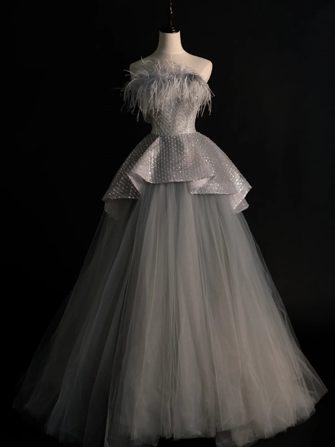 Elegantes, trägerloses, langes Pailletten-Abendkleid aus grauem Tüll für Teenager-Mädchen, formelles Brautjungfernkleid N1069