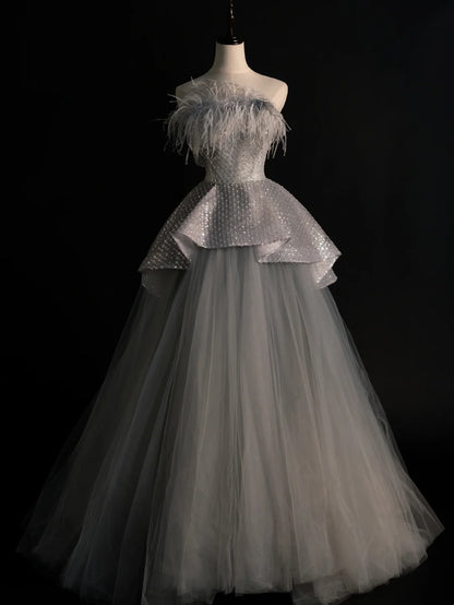 Elegantes, trägerloses, langes Pailletten-Abendkleid aus grauem Tüll für Teenager-Mädchen, formelles Brautjungfernkleid N1069