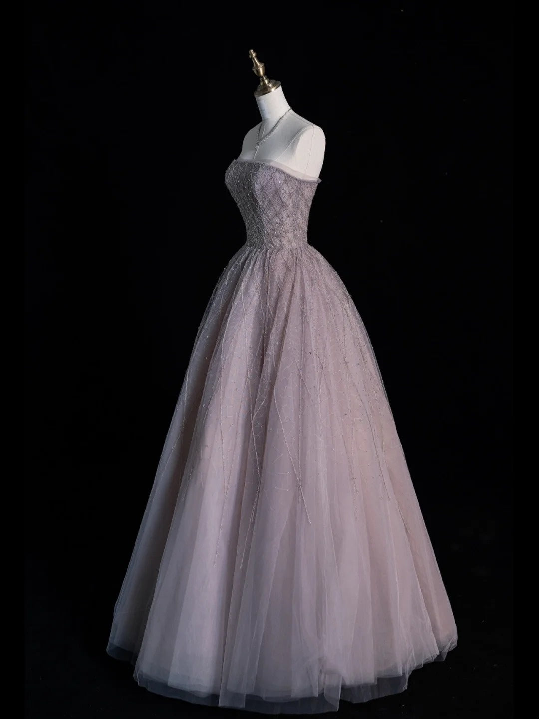 Robe de bal sobre sans bretelles ornée de perles, longue robe de bal en tulle gris pour adolescentes, robe de demoiselle d'honneur formelle N1071