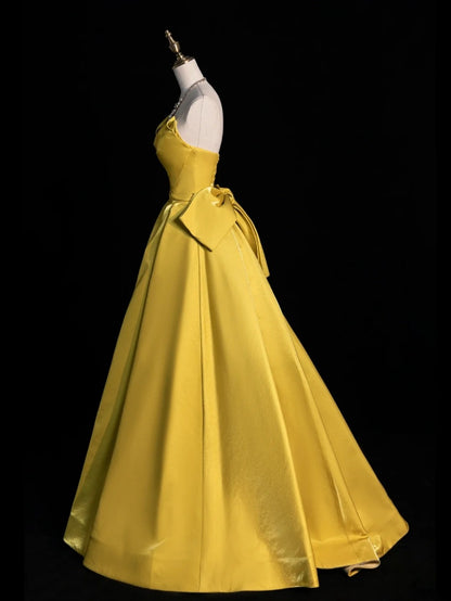 Elegantes Ballkleid mit Herzausschnitt, gelber Satin, Abschlussballkleid für die Oberstufe, langes formelles Kleid N1261