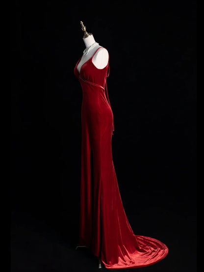 Elegantes, ärmelloses, langes Meerjungfrauen-Abendkleid aus burgunderrotem Samt mit Spaghettiträgern für Damen und Mädchen (Modell N679)