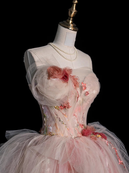 Robe de bal modeste sans bretelles en tulle rose à fleurs, inspiration robes de soirée, robe de princesse formelle N756