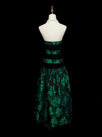 Unique A Line Strapless Dark Green Floral Satin Y2K Inspo 2000s Hoco Gowns Inspo Homecoming Dresses N1383
