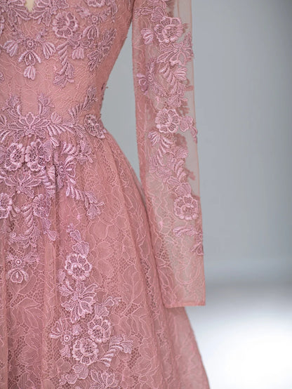 Élégante Robe de Bal Rose Coupe A, Col Rond, Manches Longues, Longueur Thé, Inspiration Tenues de Soirée RB4002