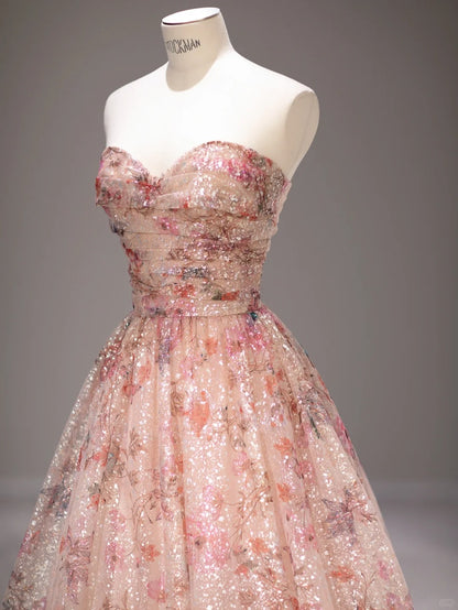 Robes de bal longues sans manches en tulle rose à fleurs coupe trapèze et bustier cœur, Tenues de cérémonie RB3987