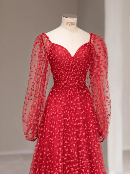 Robes de bal longues sans manches en tulle rouge à pois à la ligne bustier cœur tenues de soirée RB3986
