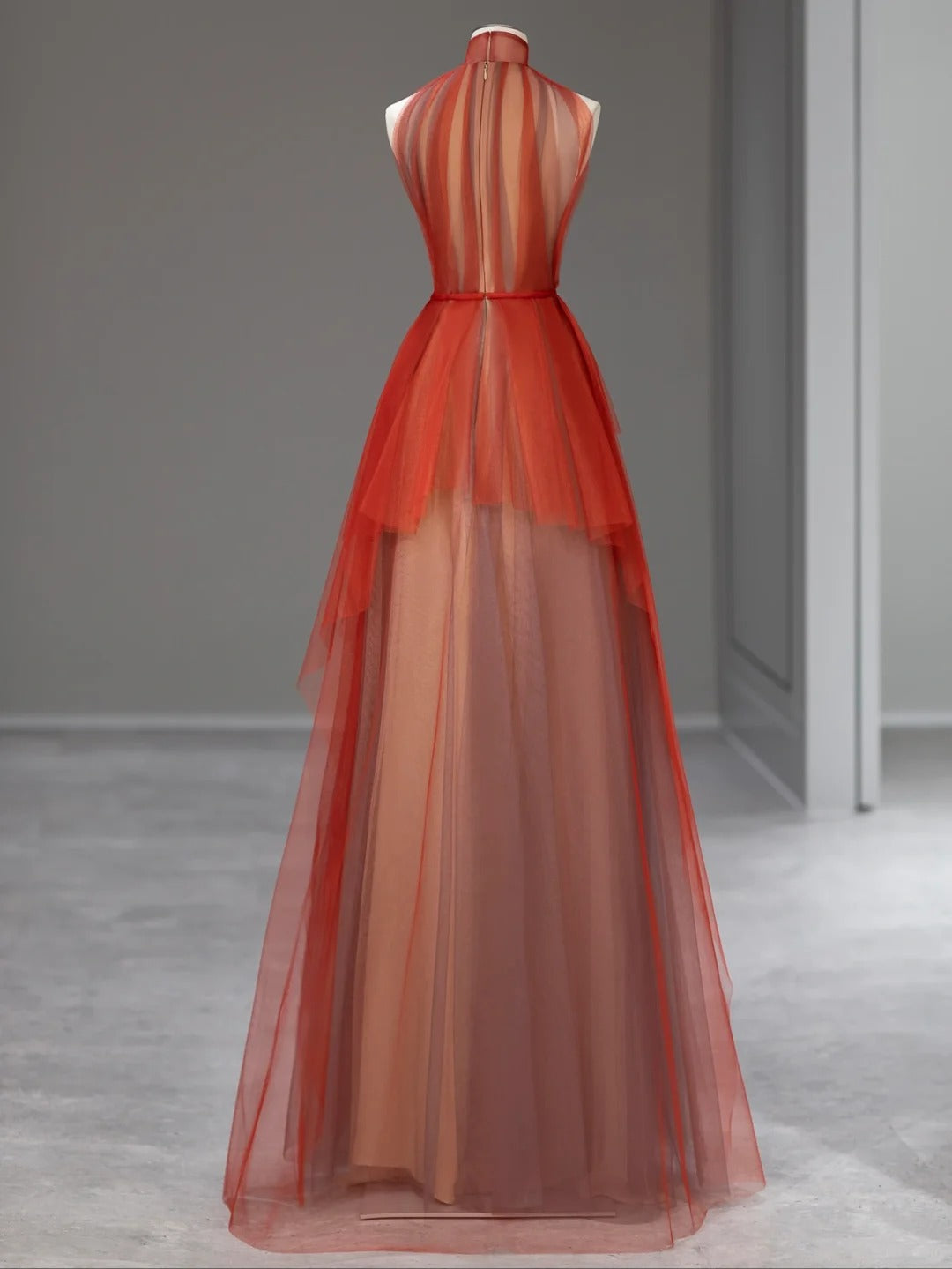 Élégante Robe de Bal Longue Droite Col Montant en Tulle Orange avec Perles Florales Idées Tenues de Soirée RB3998