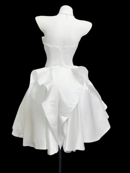 Pretty Ball Gown Strapless White Satin University Ideas Homecoming Dresses Inspo Short Hoco Court Gowns RB7217