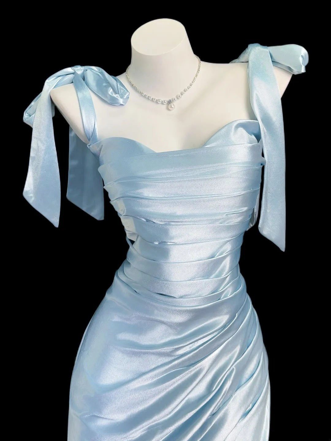 Beautiful Mermaid Spaghetti Strap Light Blue With Bow Long Prom Dress Formal Dress Party Dresses RB7215