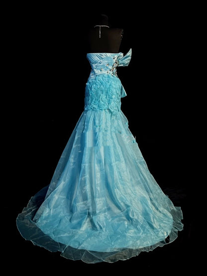 Robe de bal longue vintage sirène en organza bleu, décolleté cœur, robe de soirée, tenue d'anniversaire 18 ans, robe de remise de diplôme N911