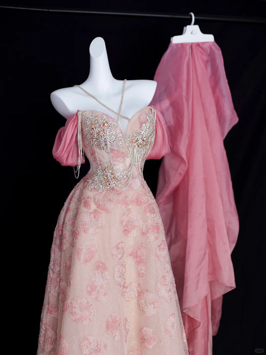 Romantisches A-Linien-Neckholder-Abendkleid aus rosa Pailletten mit Perlenbesatz, lange Ballkleider N2826