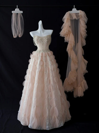 Wunderschöne Abschlussballkleider Ballkleid Sweetheart Tüll Rosé mit Perlen Langes Abendkleid N2925
