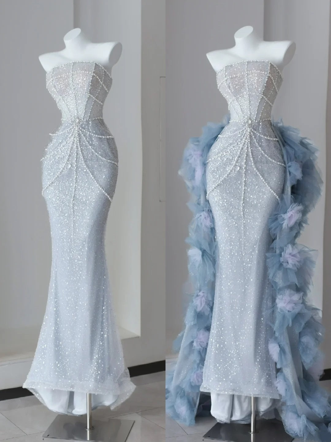 Robes de bal scintillantes sirène sans bretelles bleu ciel pailletées avec perles longue robe de soirée N2921