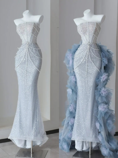 Robes de bal scintillantes sirène sans bretelles bleu ciel pailletées avec perles longue robe de soirée N2921