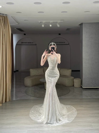 Robes de mariée modestes sirène bustier cœur blanc paillettes perles corsage longue robe de mariée N2986