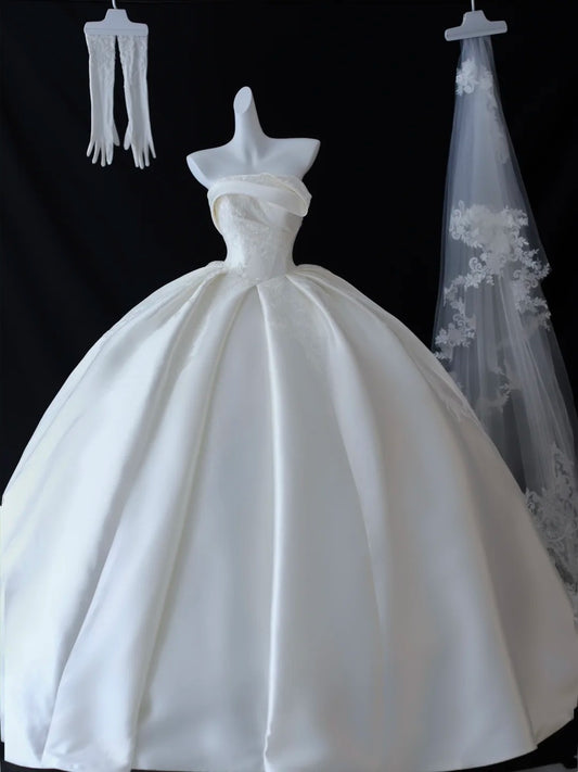 Robes de mariée simples, Robe de bal, Bustier, Satin avec dentelle, Blanc, Longue, Robe de mariée, Robe de mariée N2950