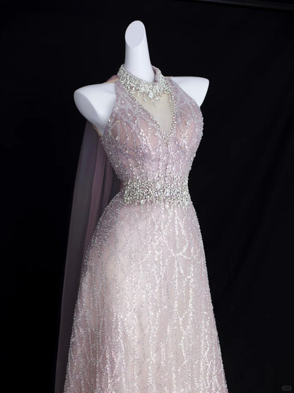 Robe de soirée élégante trapèze dos nu rose fard à joues avec perles et sequins pour anniversaire et bal de promo N2829