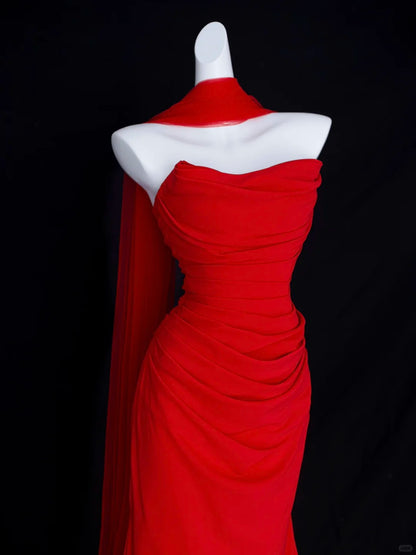 Robe de soirée longue de bal de promo en tulle rouge bustier sirène romantique avec écharpe N2827