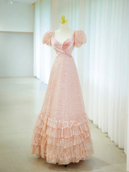 Robe de bal bustier manches courtes rose pailletée longue robe de soirée, robe de bal d'anniversaire N2855
