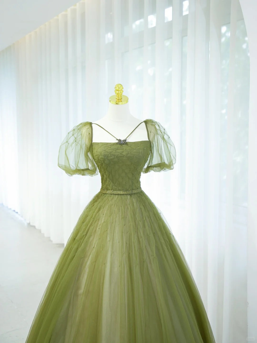 Robe de bal élégante verte, col carré, tulle, longue robe de soirée, robes de bal pour 18ème anniversaire N2853