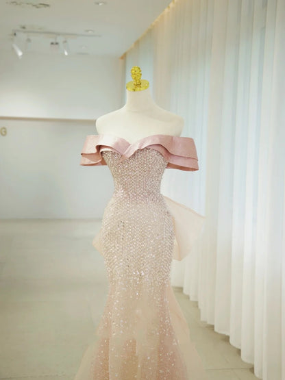 Robe de bal sirène scintillante à sequins roses, épaules dénudées, robes de soirée, tenues d'anniversaire, robe de graduation N2857