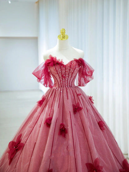 Hübsche Ballkleider Trägerloses Rot Tüll mit Blumen Langes Abendkleid N2937