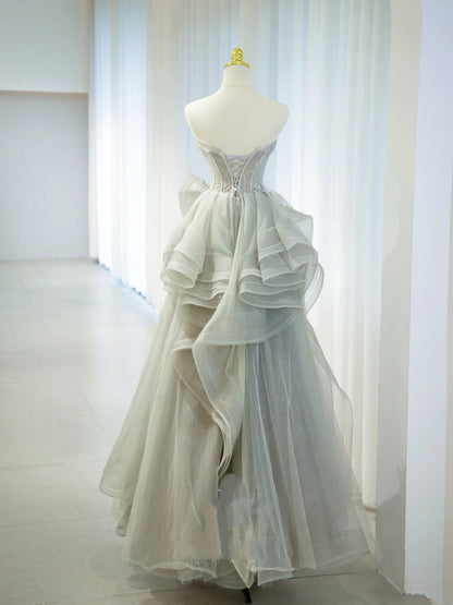 Robe de bal élégante bustier grise avec tulle appliqué longue robe de soirée d'anniversaire bal de promo N2854