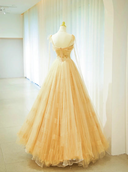 Belles robes de bal pour le bal Robe de bal à fines bretelles en tulle jaune avec perles, longue robe de soirée N2932
