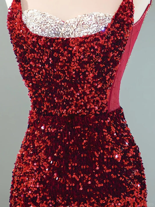 Romantic Mermaid Spaghetti Strap Burgundy Sequin With Slit Formal Dress Long Prom Dresses N2851