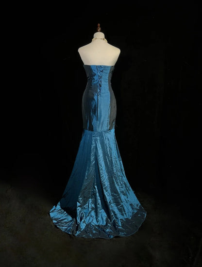 Robes de bal vintage des années 80 sirène bustier cœur en taffetas bleu marine longue robe de soirée N2575