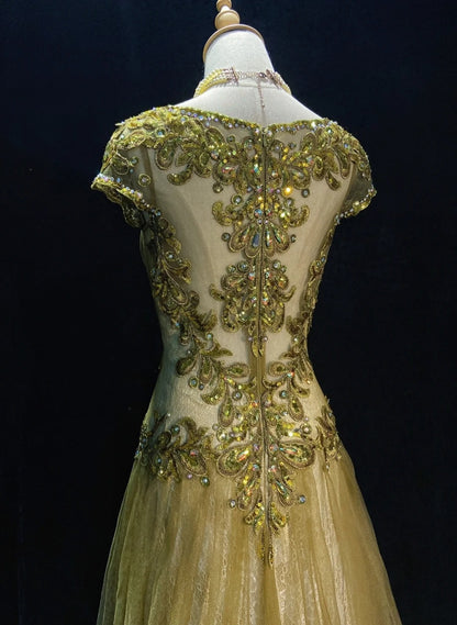 Robes de Bal Vintage Années 90 Sirène Col Bijou Tulle Doré Avec Perles Longue Robe de Soirée Semi-Formelle N3674