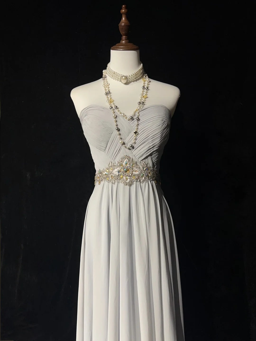 Vintage Prom Dresses A line Strapless Gray Chiffon With Beaded Bodice Sleeveless 1990s Long Formal Evening Gown N2636