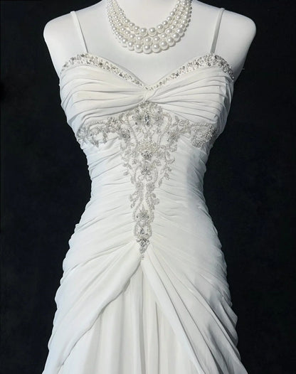 Zeitlose Brautkleider Meerjungfrau Spaghettiträger Weiß Chiffon Mit Schal Langes Brautkleid N3063