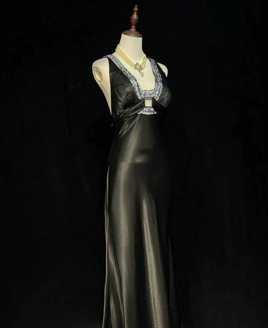 Robes de bal vintage sirène col en V années 90 en satin avec perles longue robe de soirée formelle N2509
