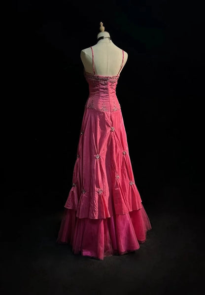 Vintage Prom Dresses A line Spaghetti Strap Taffeta Pink With Silver Beads 1950s Long Formal Gown N2595