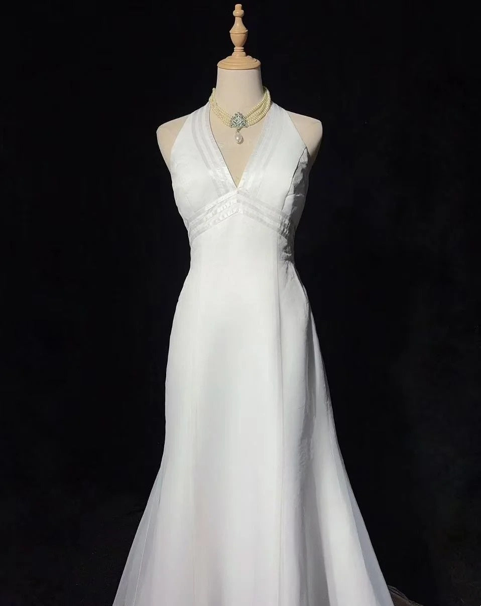 Vintage 20s Wedding Dresses Mermaid Halter White Plain Summer Garden Long Bridal Gown N3702