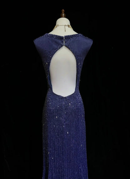 Vintage Meerjungfrauen-Abschlussballkleider V-Ausschnitt Königsblau 90er mit rückenfreier Perlenstickerei Langes formelles Partykleid N2505