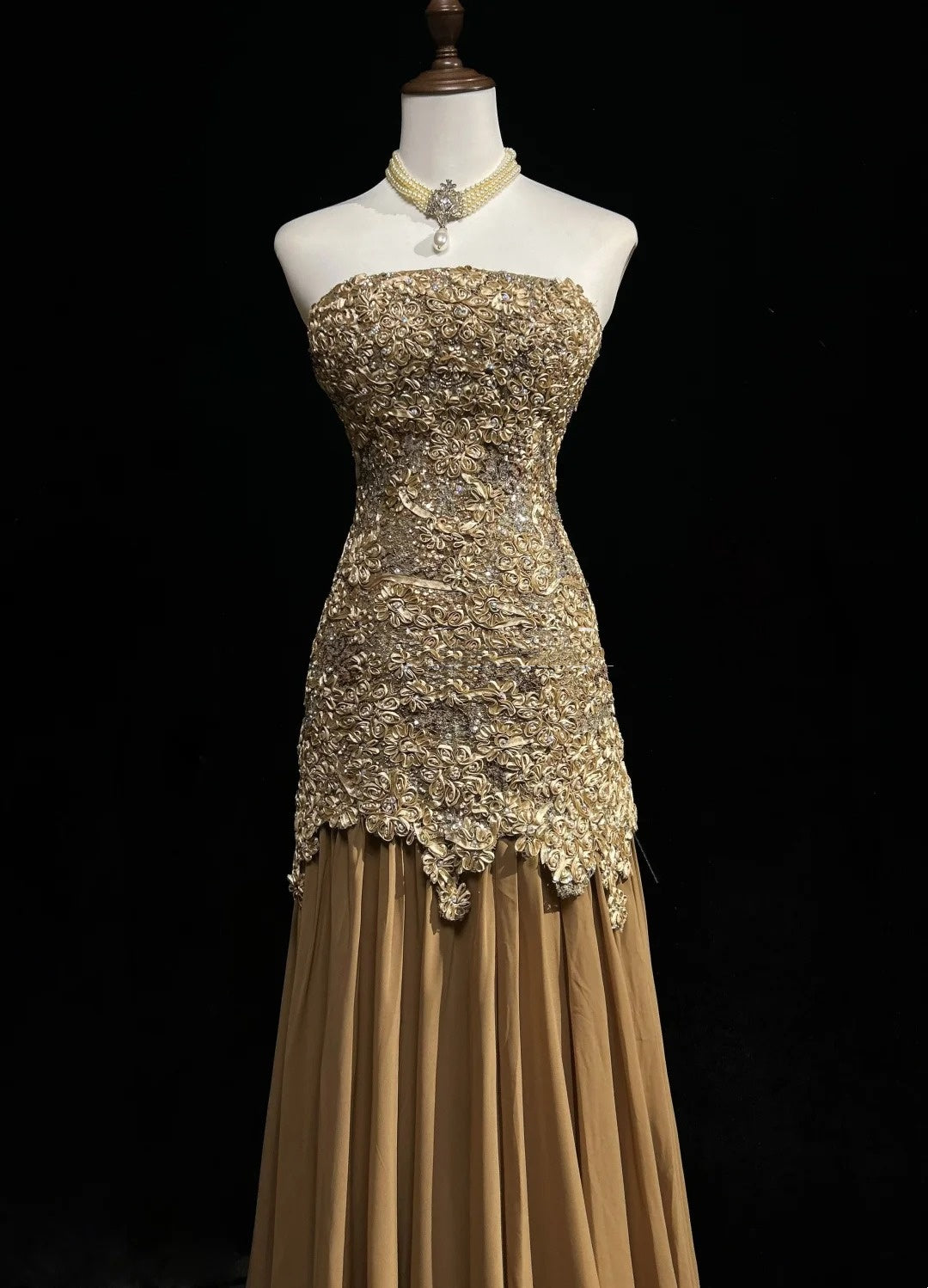 Robes de bal vintage des années 60, sirène bustier, longue robe de bal en dentelle dorée N3103